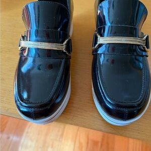 Stella McCartney Black Patent Platform Loafers with Gold Accent